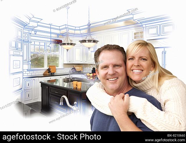 Happy couple hugging with custom kitchen drawing and photo behind on white