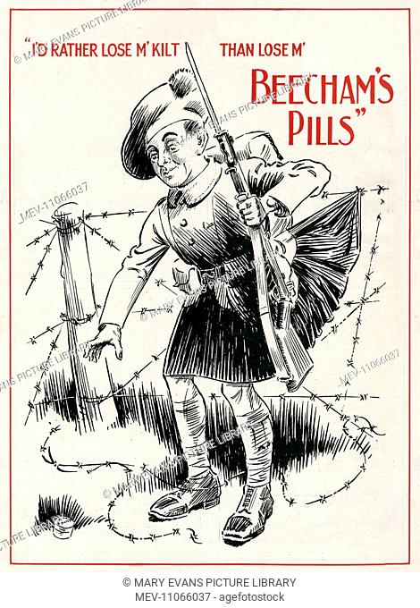 First World War advertisement for Beecham's Pills featuring a Scottish Highlander's kilt caught on some barbed wire fence saying that he'd rather lose m' kilt...