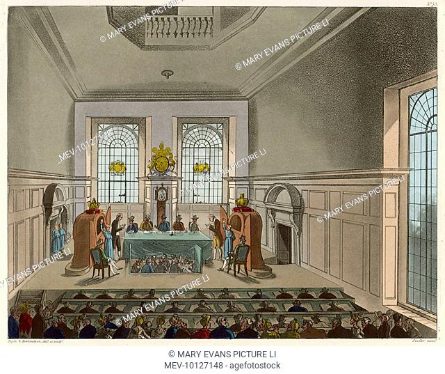 Drawing the lottery in Coopers Hall. An audience gathers to witness the draw