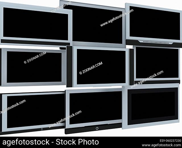 Few widescreen TVs. 3d render. On white background