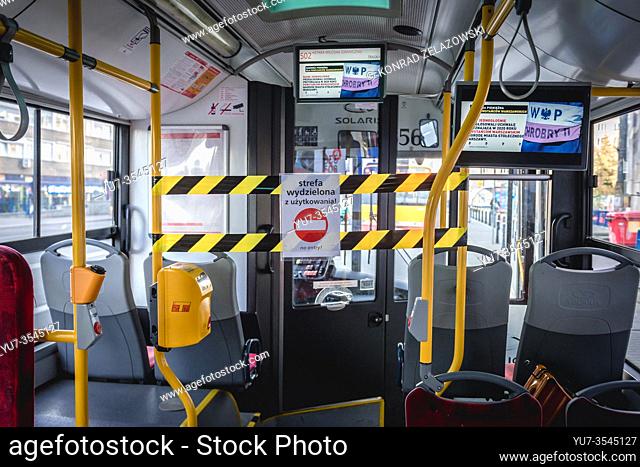 Closed driver area in public bus in Warsaw after Polish government has declared a state of epidemic threat to limit spread of Coronavirus