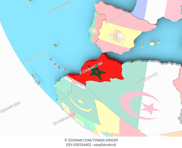 Morocco on bright political globe with embedded flag. 3D illustration
