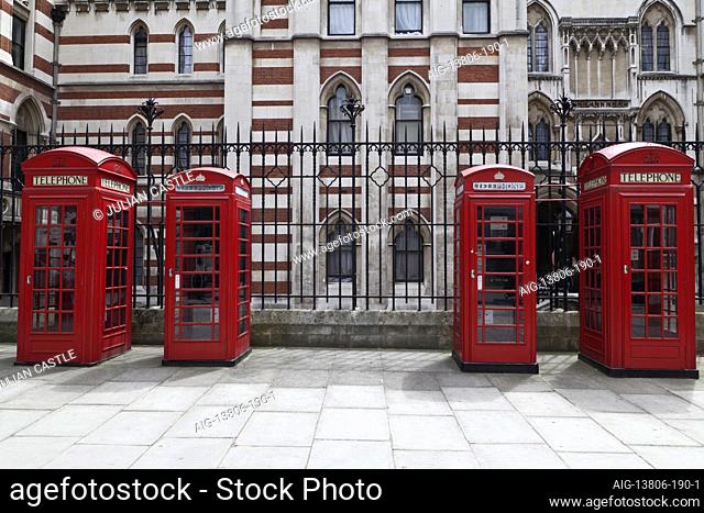 Row of traditional iconic K6 Red Telephone Boxes in Holborn London WC2 London England (The K6 model was produced in 1936 to commemorate the Silver Jubilee of...