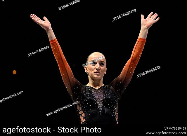 Dutch Sanne Wevers smailes after her pass at the apparatus finals at the Artistic Gymnastics World Championships, in Antwerp, Sunday 08 October 2023