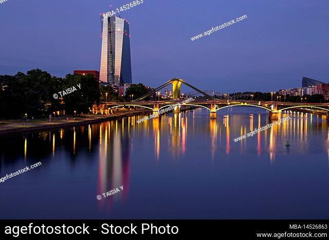 Germany, Hesse, Rhine-Main area, Frankfurt am Main, Ostend, Main, European Central Bank, ECB, Flößerbrücke, view from Ignatz Bubis Bridge to European Central...