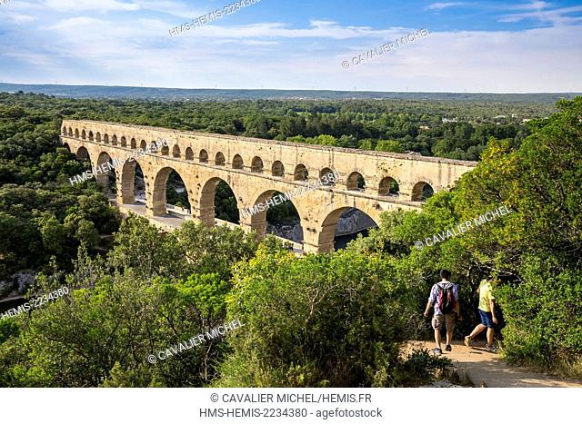 France, Gard, the Pont du Gard listed as World Heritage by UNESCO, Big Site of France, Roman aqueduct from the 1st century which steps over the Gardon