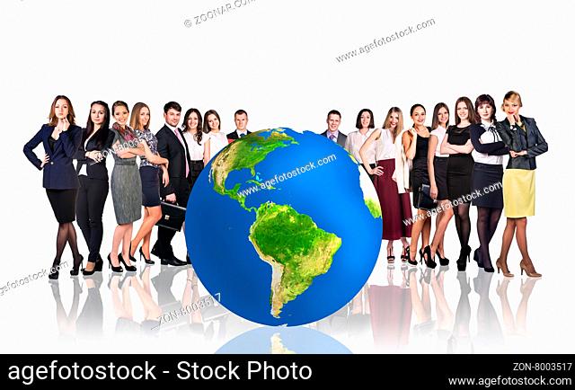 Group of successful businesspeople beside big earth ball.Elements of this image are furnished by NASA
