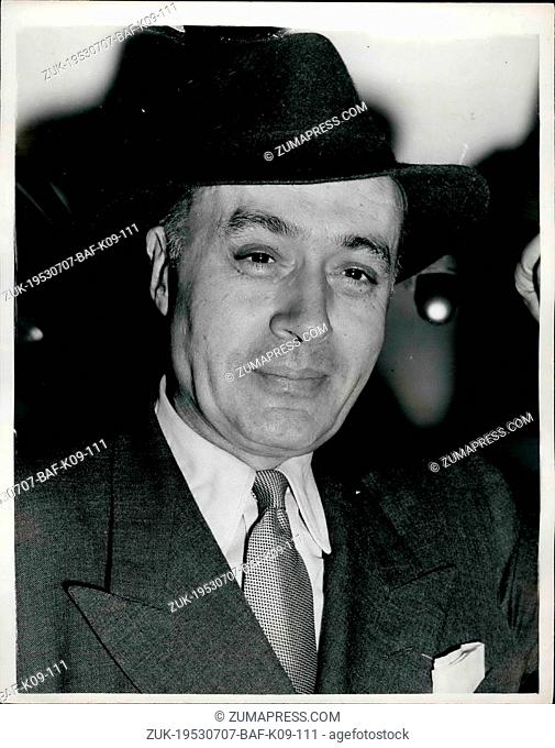 Jul. 07, 1953 - Hollywood's screen 'lover' leaves for the States. Charles Boyer.: Photo shows Charles Boyer the Hollywood screen 'lover' seen when he left...