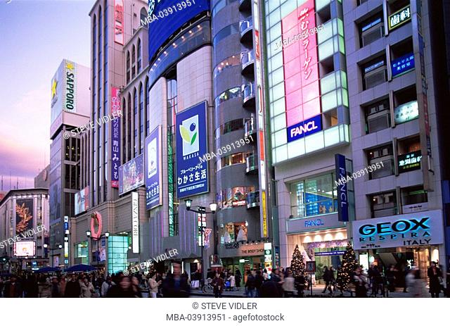 Japan, Tokyo, Ginza, Chuo Dori avenue, business-streets, people, twilight, Asia, East-Asia, Honshu, city, city, metropolis, houses, buildings, skyscrapers