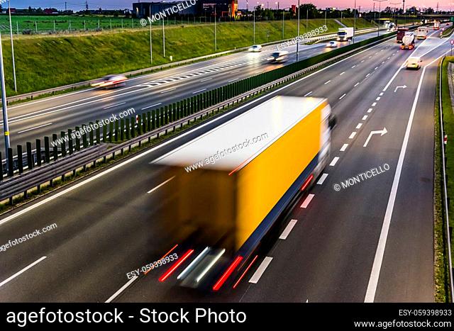 Trucks on six lane controlled-access highway in Poland