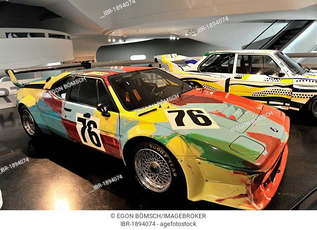 BMW Art Cars, BMW M1 of 1979 by Andy Warhol, BMW 320i of 1977 by Roy Lichtenstein at the back, BMW Museum, Munich, Bavaria, Germany, Europe