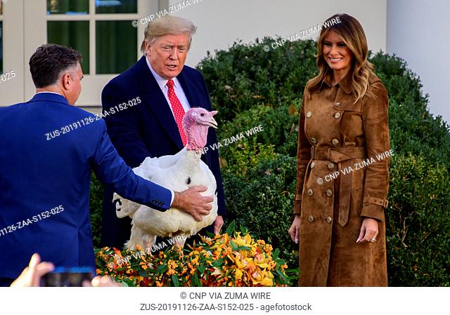 November 26, 2019, Washington, District of Columbia, USA: United States President Donald J. Trump pardons the National Thanksgiving Turkey in the Rose Garden of...
