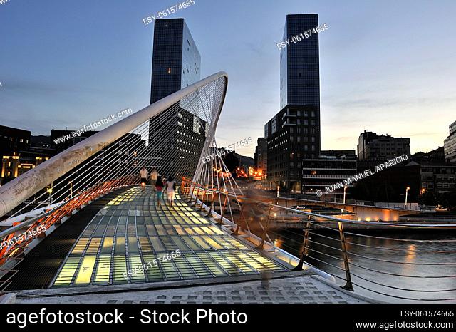 Night Photography of the Isozaki Towers and Bridge in Bilbao Santiago Calatrava