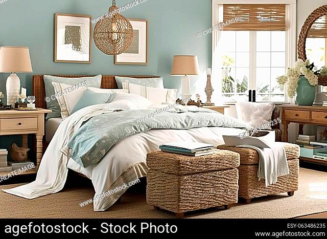 Coastal Bedroom: Create a bedroom with a coastal - inspired design, using a mix of cool blues and greens, natural textures, and ocean - themed decor