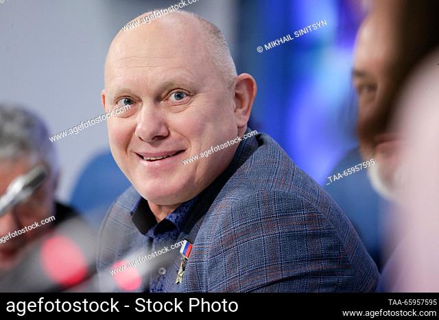 RUSSIA, MOSCOW - DECEMBER 21, 2023: Russian cosmonaut Oleg Artemyev attends a press conference to launch the Two Gagarins education project
