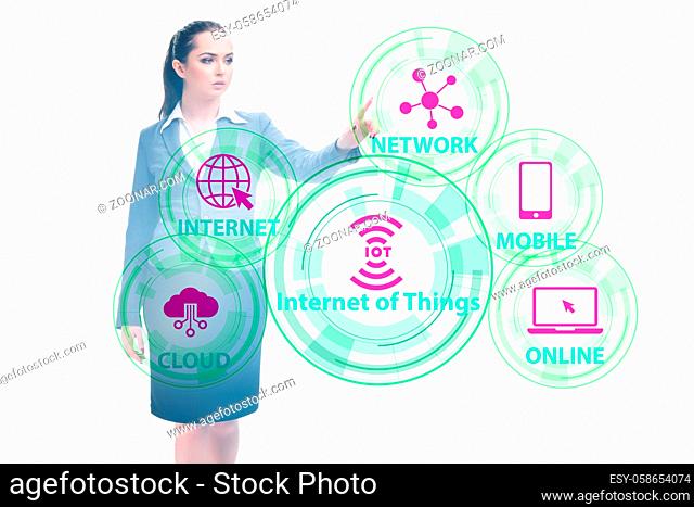 Businesswoman pressing virtual button in the IoT concept
