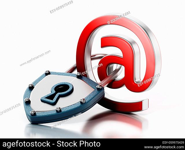 At sign locked with shield shaped padlock isolated on white background. 3D illustration