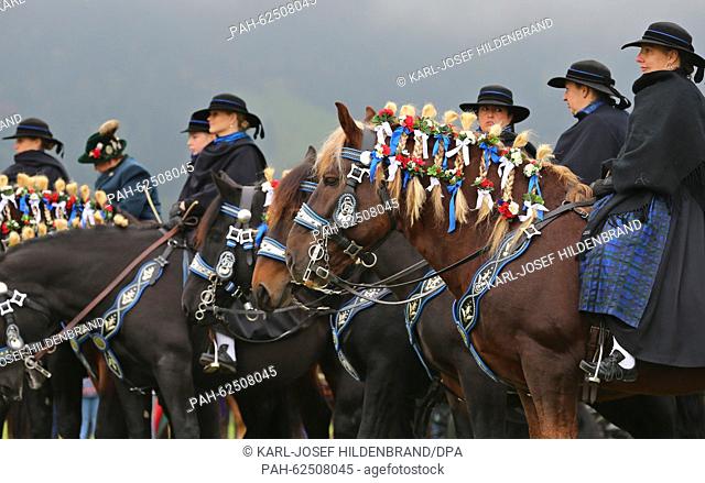Women in traditional costume sit on festively decorated horses near Schwangau, Germany, 11 October 2015. They are taking part in the feast of St