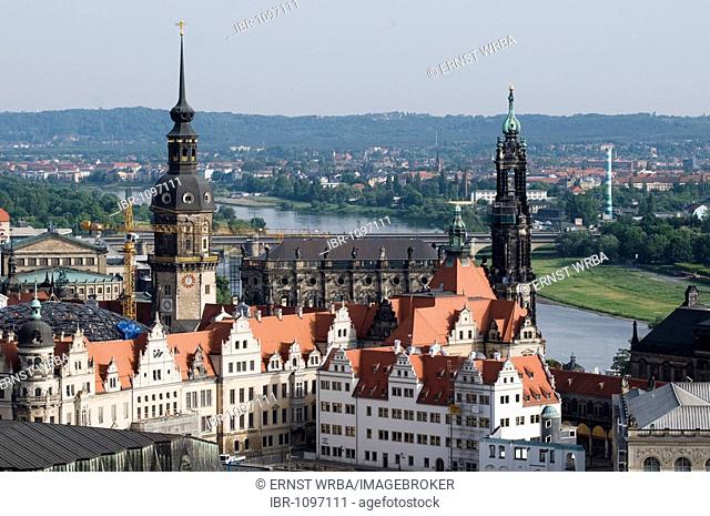 View of Residenzschloss Castle, Hofkirche cathedral and River Elbe, Dresden, Saxony, Germany
