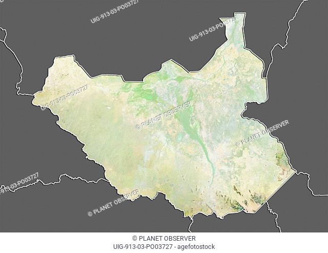 Relief map of South Sudan with border and mask. This image was compiled from data acquired by landsat 5 & 7 satellites combined with elevation data