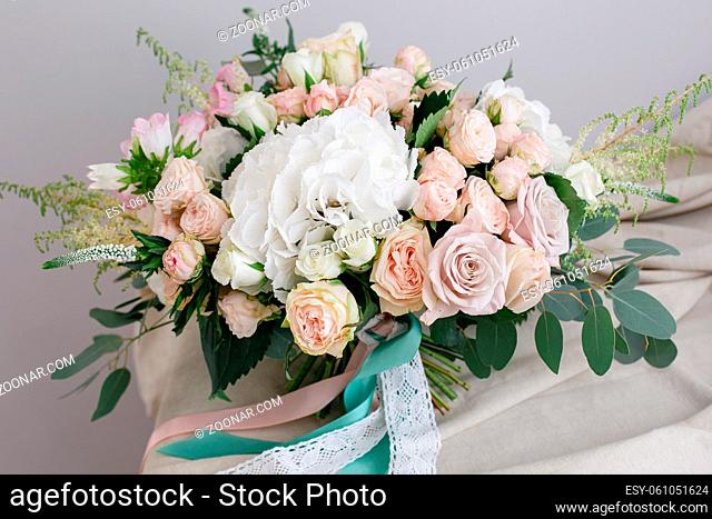 Vintage floristic background, colorful roses, Hydrangea, eucalyptus on . on Mom's birthday