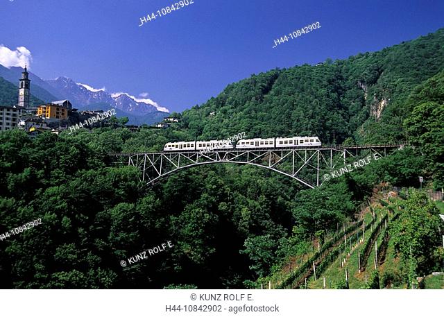 Switzerland, Europe, Centovalli, Intragna village, Centovalli railway, rail, railroad, bridge, Canton Ticino, public t