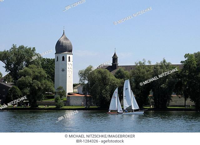 Frauenwoerth Munster with bell tower, Fraueninsel, Lady's Island, Lake Chiemsee, Bavaria, Germany, Europe