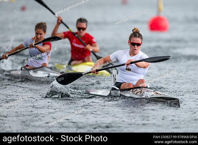 27 August 2023, North Rhine-Westphalia, Duisburg: Canoe: World Championship, Final, Kayak Individual, 5000m, Women. Jule Hake in action