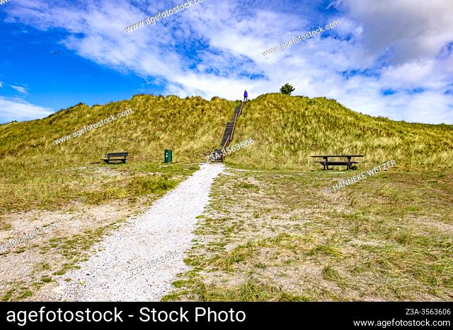 Stairs up to a viewpoint in the dunes of Frisian Island Terschelling, The Netherlands, Europe