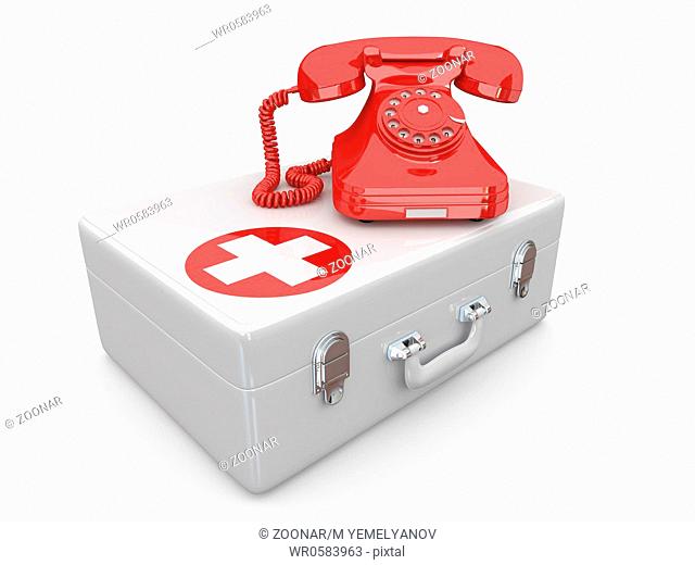 Helpline.Services. Phone on medical kit. 3d