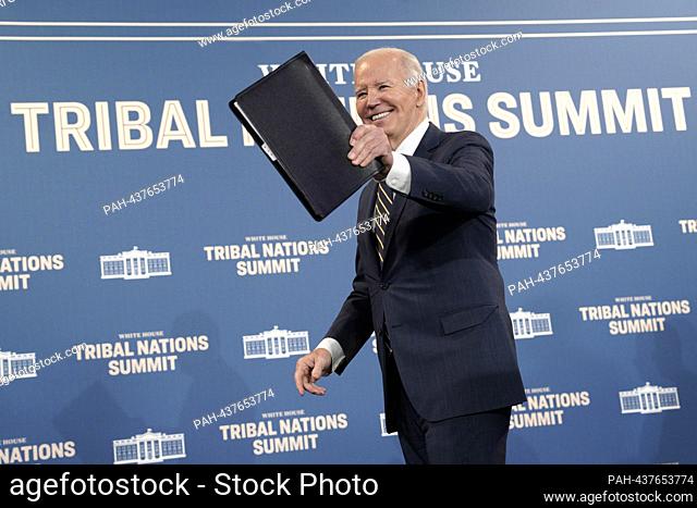 United States President Joe Biden departs after making remarks and singing an Executive Order on Reforming Federal Support for Tribal Nations at the Department...
