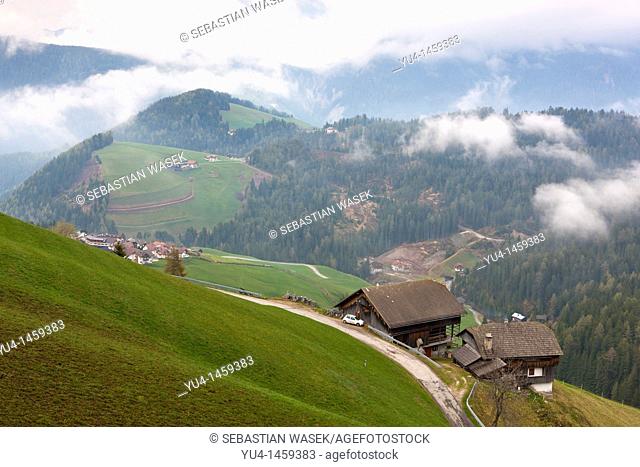 View above Val Badia towards Kronplatz Plan de Corones, San Martino In Badia, Trentino-Alto Adige, Dolomites, South Tyrol, Italy, Europe