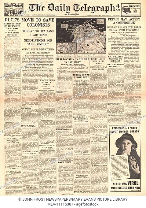 1941 front page Daily Telegraph Mussolini negotiates evacuation of Italians in Abyssina