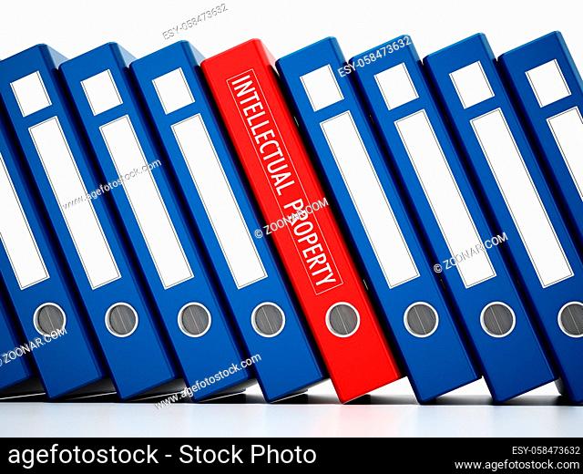 Red folder with intellectual property label standing out among regular folders. 3D illustration