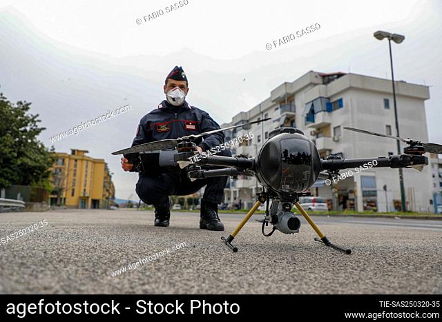 In the district of Scampia the Carabinieri of helicopter department of Pontecagnano present the new drones that will be used to monitor, during the quarantine