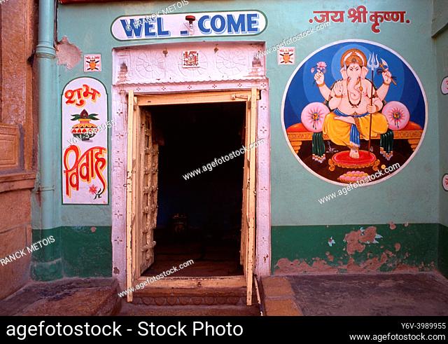 Mural painting at the entrance of a house ( Jaisalmer, India). The painting is depicting the hindu god Ganesh, the god who removes obstacles