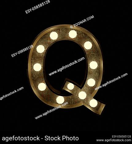 Metal letter Q with small lamps on a dark background, 3d rendering