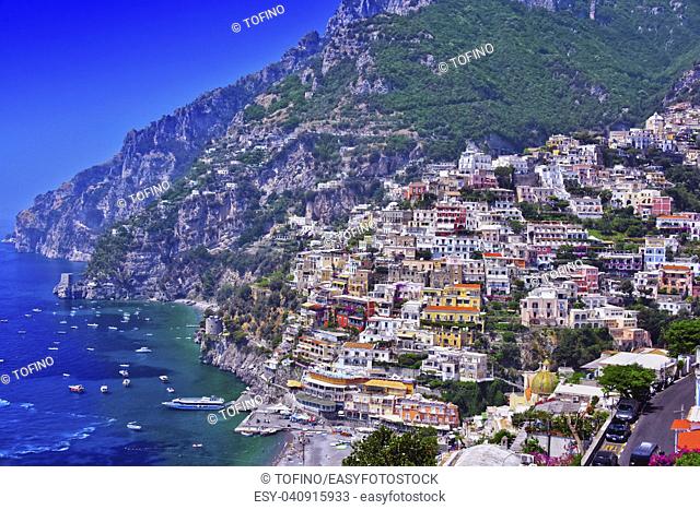 City of Positano on Amalfi coast in the province of Salerno, Campania, Italy