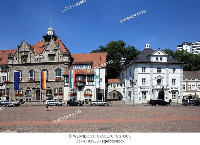 Germany, Bergisch Gladbach, Bergisches Land, North Rhine-Westphalia, Konrad Adenauer Square, city hall, historicism, brewhouse Am Bock, guesthouse, restaurant
