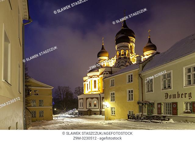 Winter dawn at Alexander Nevsky orthodox church in Tallinn old town, Estonia