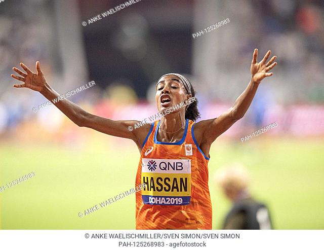 jubilation winner Sifan HASSAN (NED / 1st place). Women's Final 1500m, on 05.10.2019 World Athletics Championships 2019 in Doha / Qatar, from 27.09