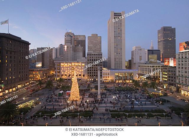 Union Square during the holiday season during twilight, San Francisco, California, USA