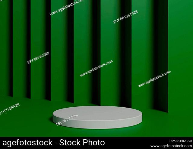 Simple, Minimal 3D Render Composition with One White Cylinder Podium or Stand on Abstract Dark Warm Green Background for Product Display