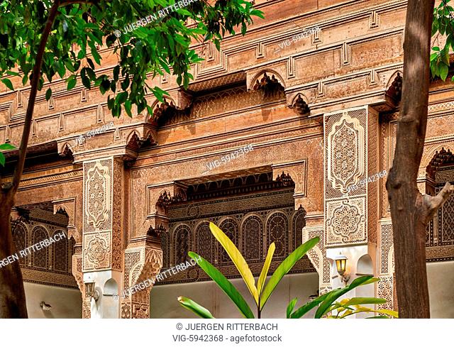 MOROCCO, MARRAKESH, 16.05.2016, inner courtyard decorated in moorish style of Bahia Palace, Marrakesh, Morocco, Africa - Marrakesh, Morocco, 16/05/2016