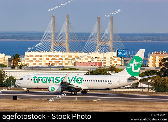 A Transavia Boeing 737-800 aircraft with registration PH-HZD at Lisbon Airport, Portugal, Europe