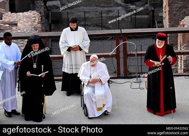 Pope Francis participates in a joint prayer for peace with all the representatives of world religions at the Colosseum, to conclude the international meeting...