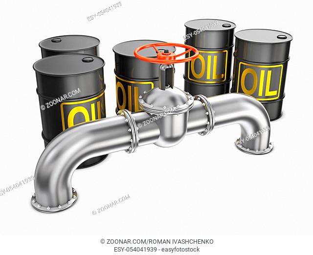 Steel pipe with a valve and a barrel of oil on the white background. 3d rendering