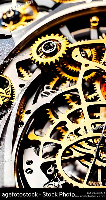 Illustration of clockwork mechanism, cogwheels, swirls, springs. Technology and time concept. AI generated image