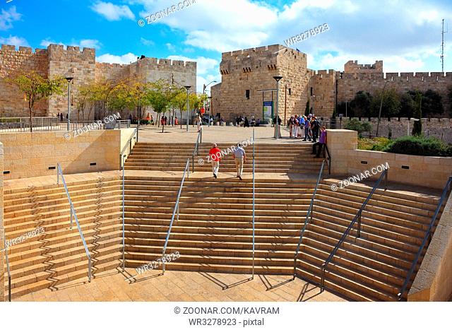 JERUSALEM, ISRAEL - OCTOBER 23, 2010: Amphitheater stone steps leading to the Jaffa Gate in Jerusalem