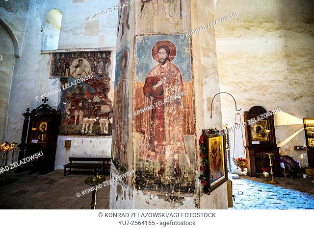 old frescoes in Church of the Assumption - part of Medieval Ananuri Castle over Aragvi River in Georgia
